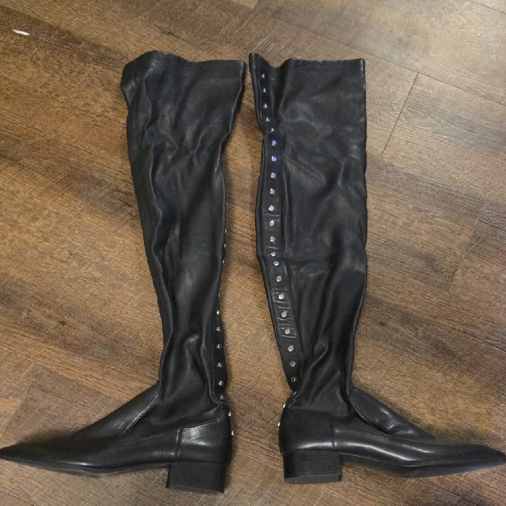 Zara Black Over-the-Knee Flat Riding Boots with Side Stud Trim